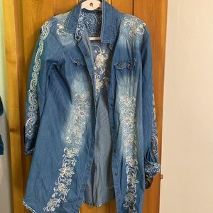 Tasha Polizzi Blue Chambray Denim Western Embroidered Button Up Dress Sz XL
